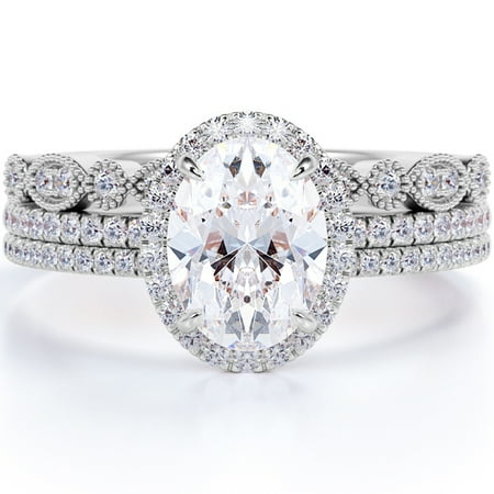 JeenMata Art Deco 2 Carat Real Moissanite Wedding Trio Ring Set with Engagement Ring and 2 Wedding Bands in 18k Gold Over Silver