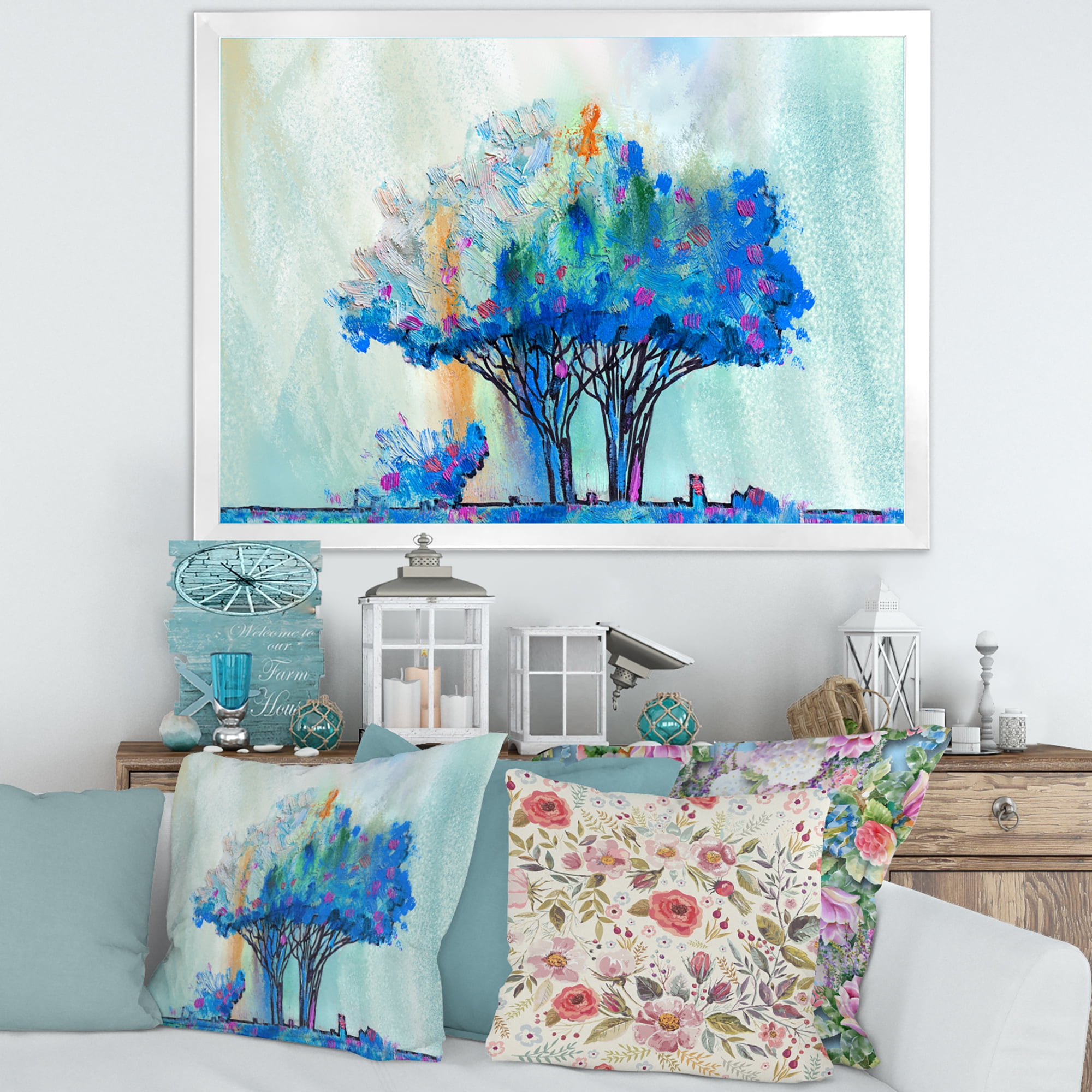 Designart 'Blue Coloured Tree Abstract Impression I' Modern Framed Art Print