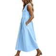 thumbnail image 5 of QUNYINEY Blue Women's Dresses Summer Cotton Linen Sleeveless A Line Long Sundress with Pockets V Neck Loose Fit Dresses, 5 of 6