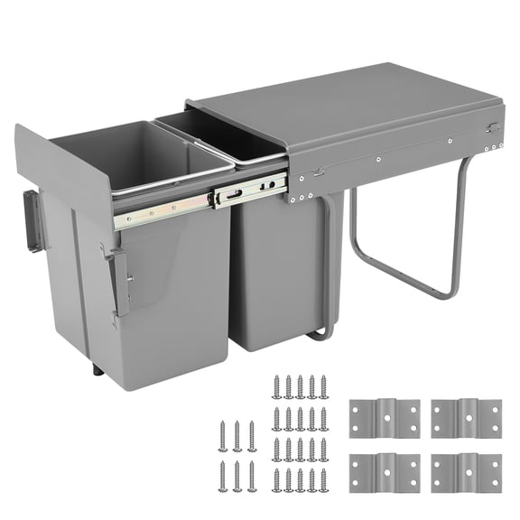 Fnova 44 Qt Double Pull Out Under Kitchen Cabinet Trash Can, Soft-Close Slides Under Sink Garbage Waste Recycling Bin, Holder Storage Drawer Waste Bin with Lid for Cabinet, Gray