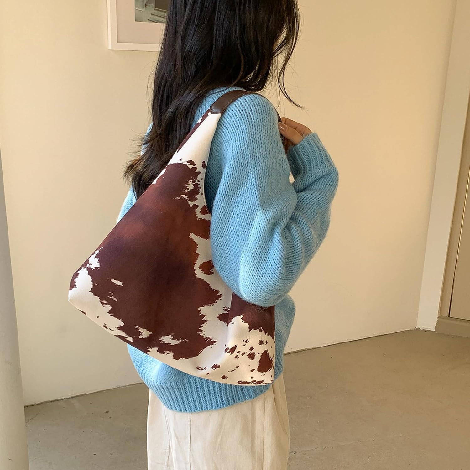 SPEKSEE Cow-Print Shoulder Bag for Women, Coquette Large Capacity Underarm Top handle Purse, Slouchy Hobo Tote Bag for Fall