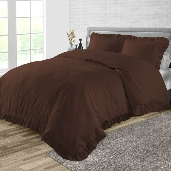 Duvet Cover 3 Piece Egyptian Cotton Cozy & Breathable 600 Thread Count Trimmed Ruffle Duvet Covers with Zipper Closure & Corner Ties Soft Comforter Cover (Oversized King, Chocolate )