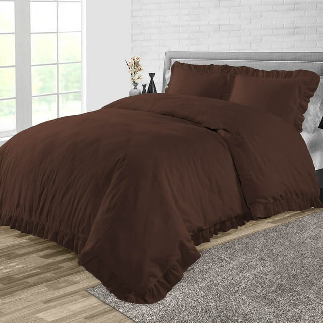 Dee's Collection Oversized Queen Size 3 Psc Microfiber Duvet Cover Trimmed Ruffle -Chocolate