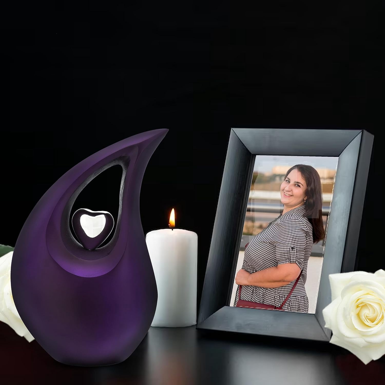 Purple Shimmer Tear Drop Small Urns for Human Ashes with Silver Heart (6 Inch Height) - Unique Medium Urn - Decorative Urns - Cremation Urn - Burial Urns - Keepsake Urn - Funeral Urn - Small Pet Urns