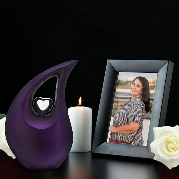 Purple Shimmer Tear Drop Small Urns for Human Ashes with Silver Heart (6 Inch Height) - Unique Medium Urn - Decorative Urns - Cremation Urn - Burial Urns - Keepsake Urn - Funeral Urn - Small Pet Urns