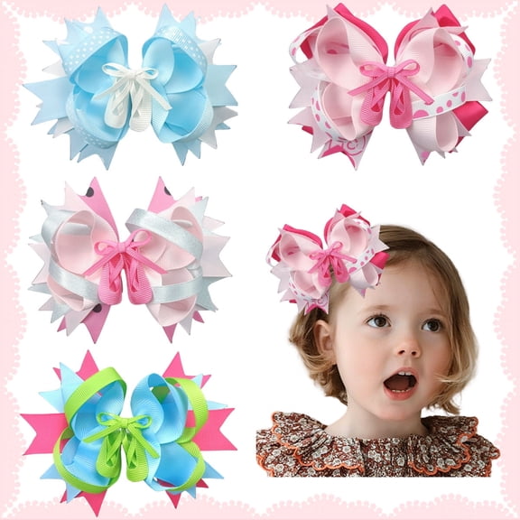 JoyBowie 4pcs 5 Inch Neon Hair Bows for Girls, Layered Ribbon Clips for Kids Cheerleading Party Hairstyles