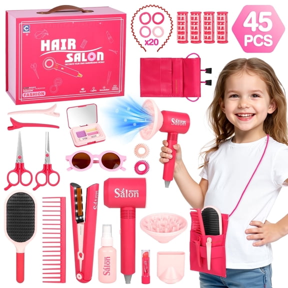 Freecat 45PCS Salon-Themed Accessory Toy Set with Light-Up Flat Iron Prop, Hair Dryer Prop, Mirror Case and Beauty Accessories.