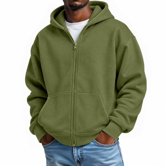Hearthz Mens Zipper Hoodie Green Long Sleeve Drop Shoulder Men's Sweatshirts Oversized Y2k Trendy Streetwear Zipper Hooded Sweatshirt Men