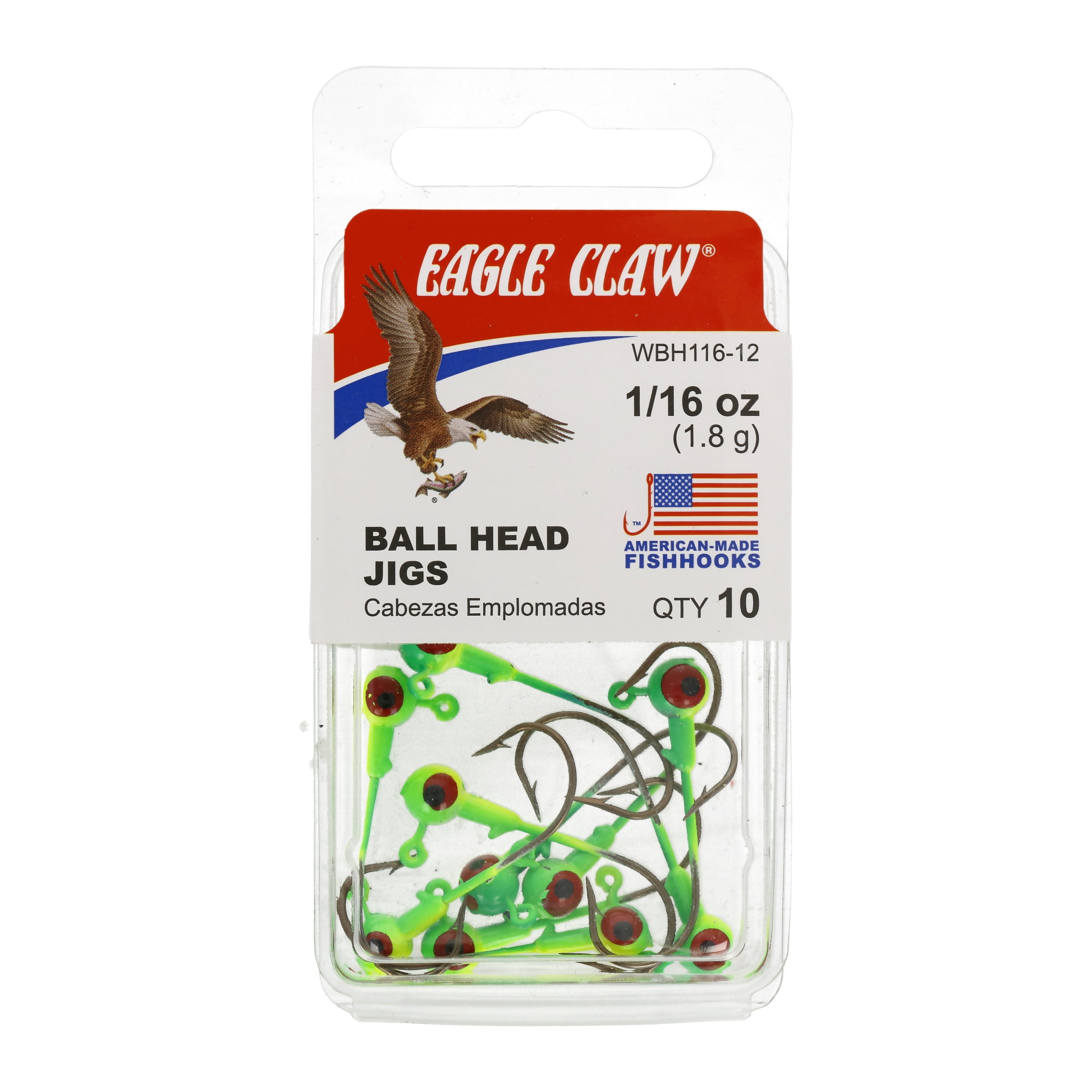 (2 pack) Eagle Claw Ball Head Fishing Jig, Lime & Chartreuse with Red Eye, 1/16 oz., 10 Count