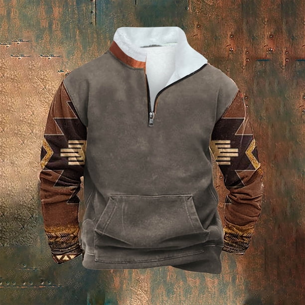 Blusas y camisas de manga larga con cuello redondo para hombre, sudadera informal con capucha, estampado étnico retro, cuello alto, cremallera, manga larga, holgadas, blusa para hombre