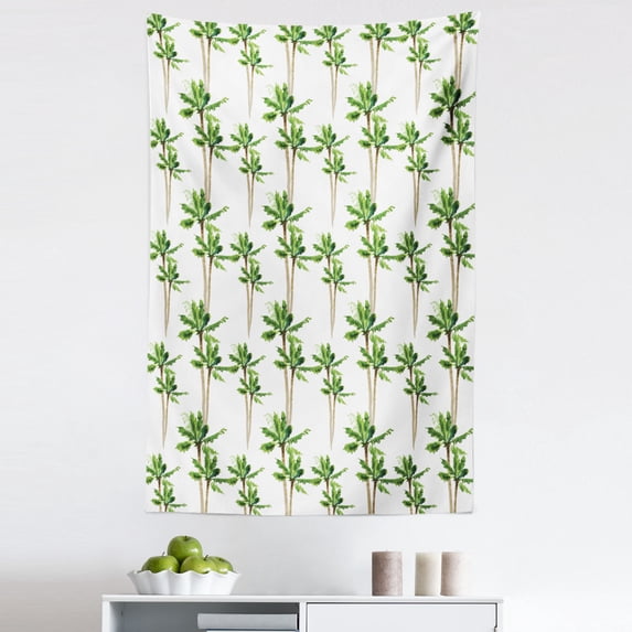 Palm Tree Tapestry, Watercolor Style Forest Pattern of Coconut Trees Growth Ecology, Fabric Wall Hanging Decor for Bedroom Living Room Dorm, 5 Sizes, Green Cocoa and White, by Ambesonne