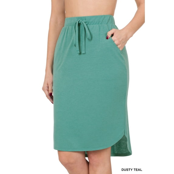 Zenana Women & Plus Elastic Waist Knee Length Tulip Hem Midi Skirt with Side Pockets & Self Tie Drawstring