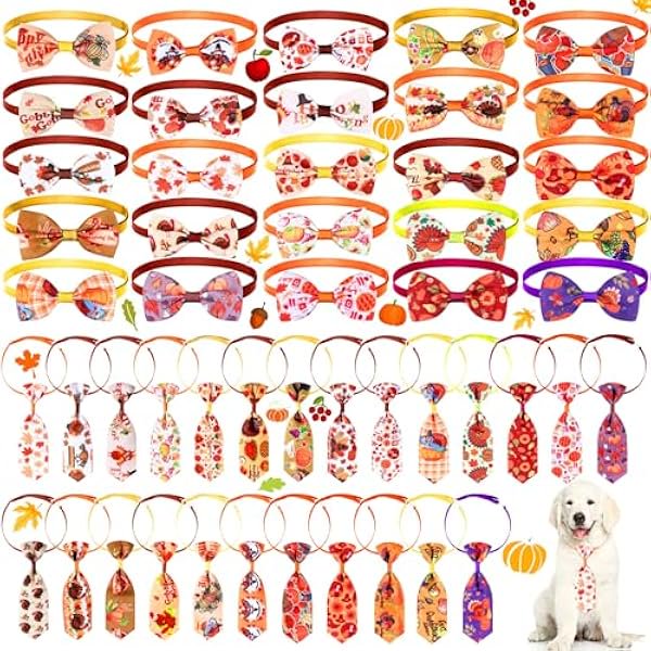 wonima02 50 Pcs Fall Dog Bow Ties Collars for Dogs Adjustable Autumn Dog Bow Ties Neckties Set Thanksgiving Puppy Bows Grooming with Pumpkin Turkey Maple Leaves Pattern for Puppy Grooming Accessories