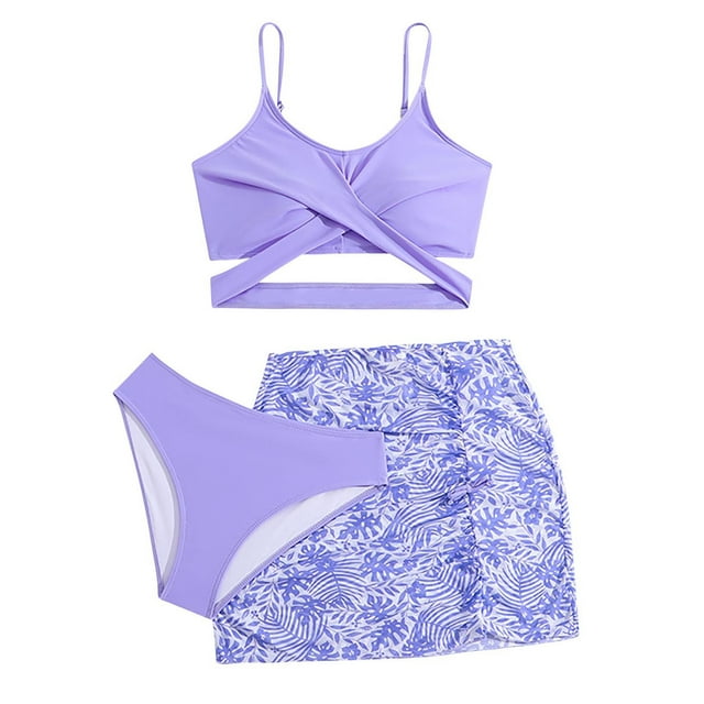 Odeerbi 8-12 Años Niñas Playa de Verano Bikini de Cuerda Con Sarong Coverups Set Traje de Baño Floral Hawaiano Traje de Baño Seaside Traje de Baño de Tres Piezas Set