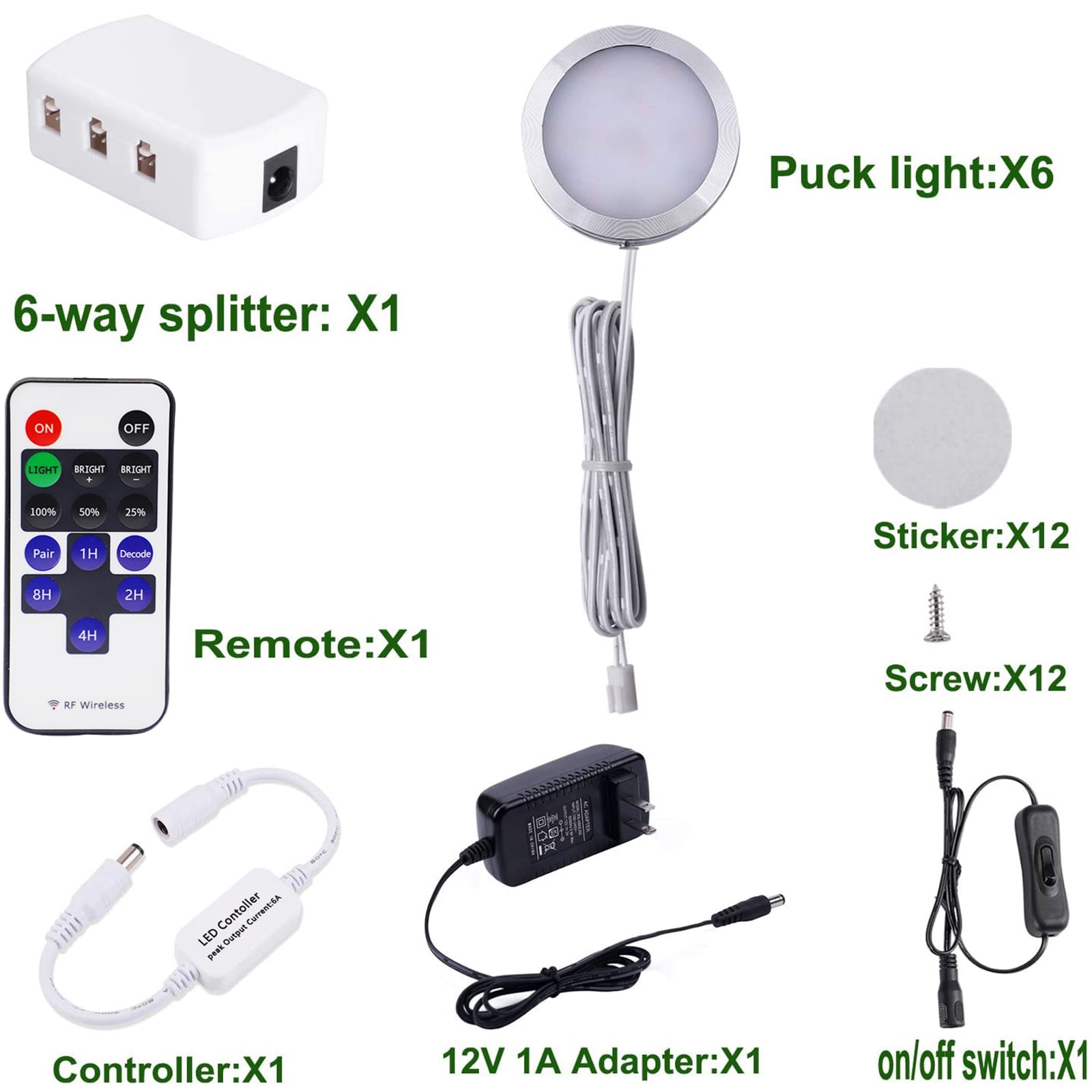 AIBOO Dimmable LED Under Cabinet Lighting, Counter Showcase Kitchen Lighting Fixtures with 12V Plug in adapter and Dimmable Wireless Remote Control, 6 Ultra Slim Puck Lights Kit