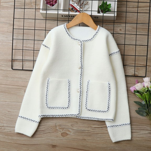 ITSAME Girls Long Sleeve Sweater with Pockets Knit Cotton Soft Comfy Kids Versatile Button Up Cardigan White Size 14