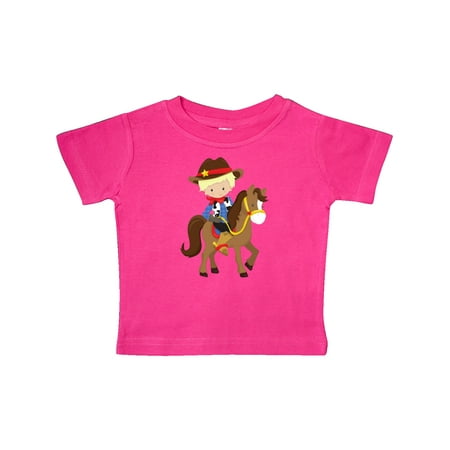 

Inktastic Little Cowboy Cowboy On Brown Horse Blond Hair Gift Baby Boy T-Shirt