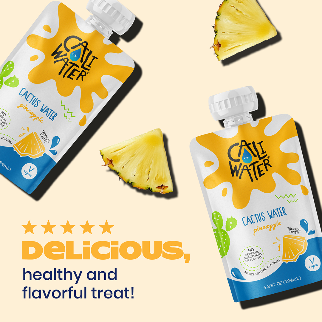 Caliwater Organic Cactus Water Kids Pouches Pineapple, Coconut Water Alternative, Juice Box Hydration, Electrolyte Drinks, Flavored Waters, 24-Pack 4.2oz/pouch 3g Sugar, 10 Calories