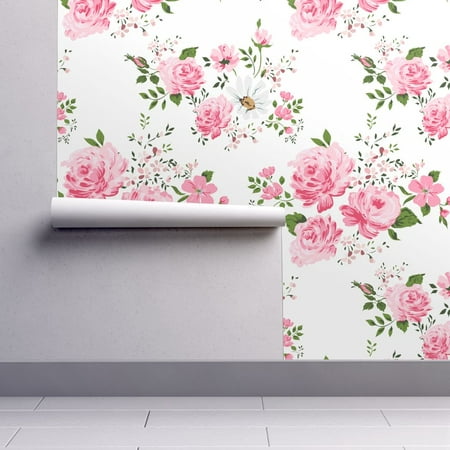 Removable Water-Activated Wallpaper Pink Rose + Chamomile Baby Girl