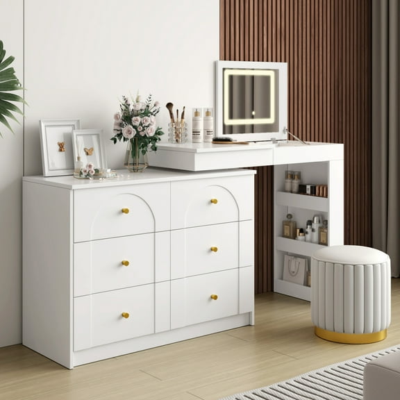 Aukfa Vanity Desk with Mirror,Flip-Top Tabletop & 7 Drawers, Corner Vanity Set,White