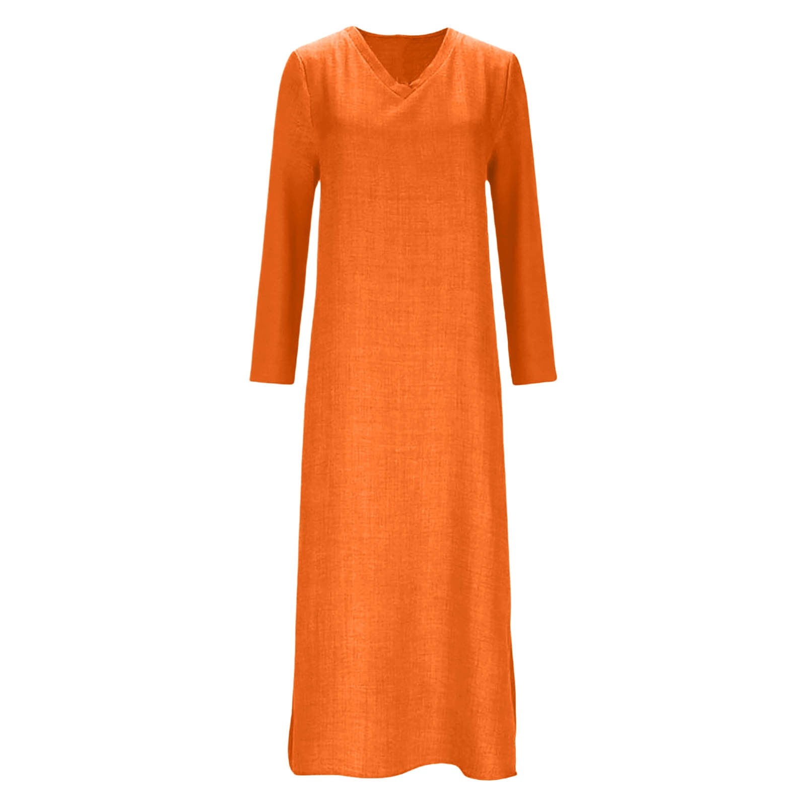 LIIPEE Women Dresses Solid Color Loose Long Sleeve V Neck A-Line Midi Sundress Woman Casual Indoor Outdoor Wear Dress,Orange,L