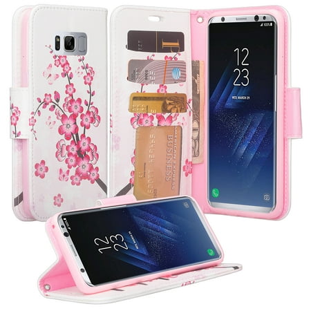 For Samsung Galaxy S8 Case, SM-G950 Wallet Case, Wrist Strap Pu Leather Wallet Case [Kickstand] with ID & Credit Card Slots - Cherry Blossom