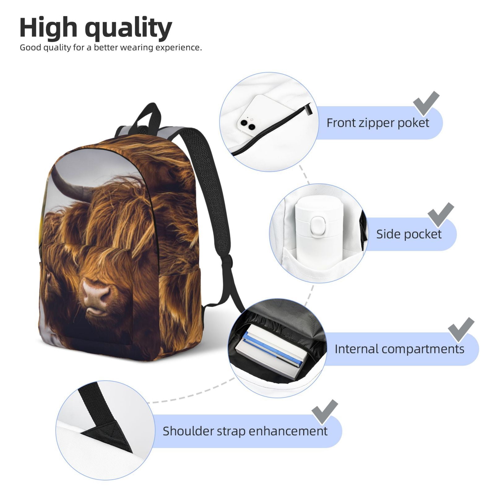 Vsdgher Portrait Of Cow With Its Baby Cow Print Canvas Backpack Travel Rucksack Unisex Knapsack 15.7/17.7Inch Laptop Backpack for Work,College -Medium