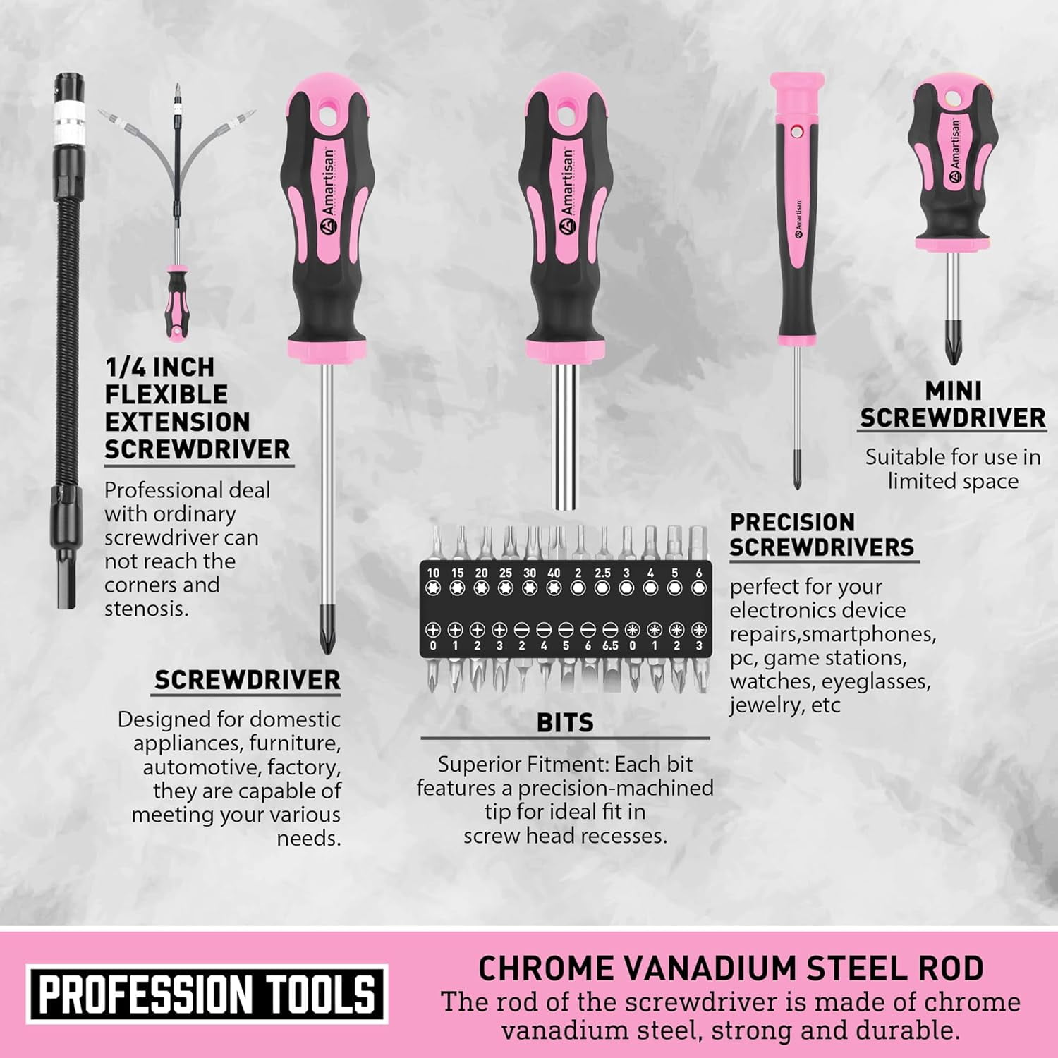 Magnetic Screwdrivers Set with Case 43-piece Includs Slotted Phillips Hex Pozidriv Torx and Precision Screwdriver Set Magnetizer Demagnetizer Tools Tools for Men (Pink))