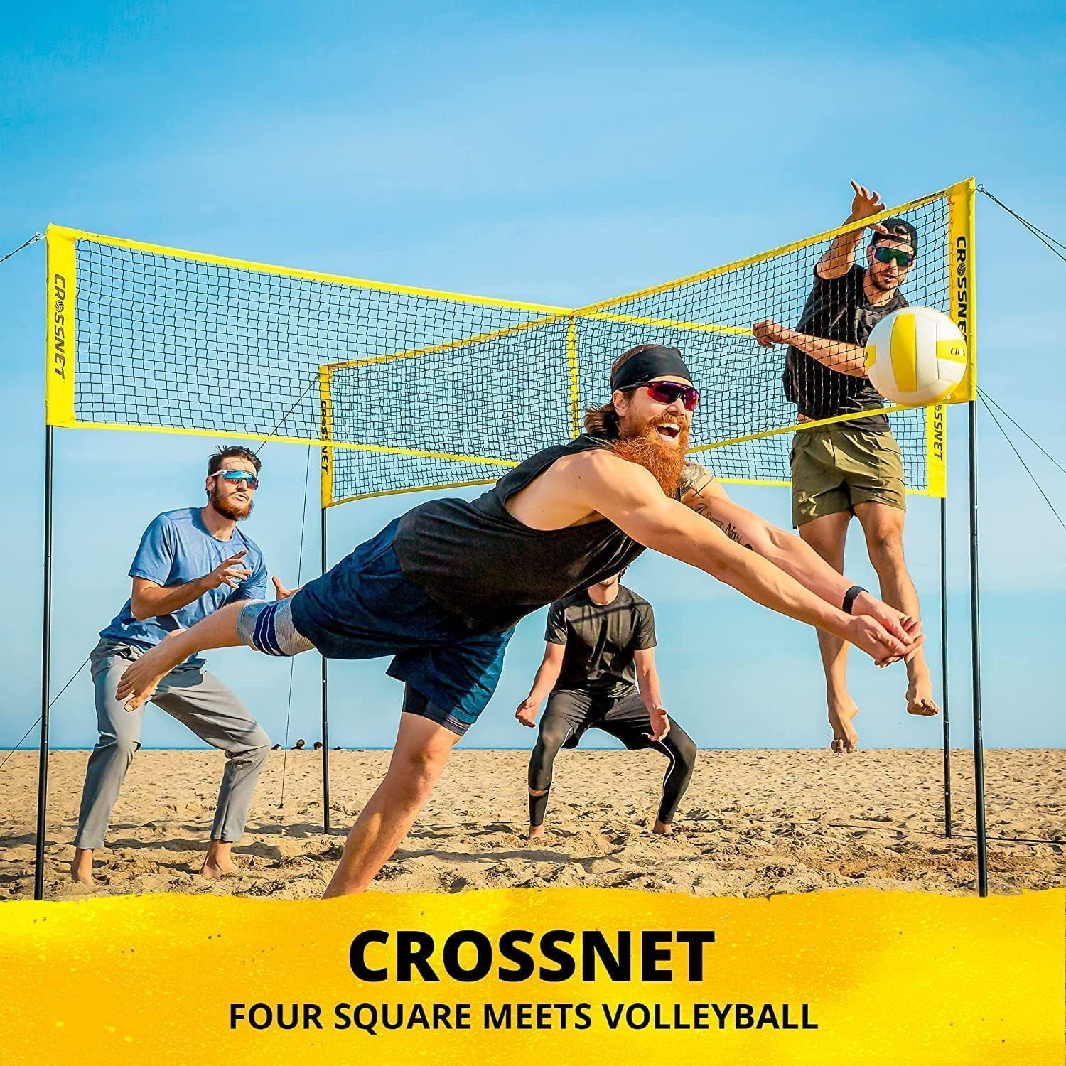CROSSNET Quick Assemble 4 Square Volleyball Game Set for Adults and Kids with Volleyball Net, Backpack and Ball for Outdoor Games