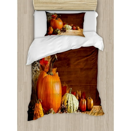 

Autumn Pumpkin Duvet Cover Set Twin Size Rustic Fall Still Life Photo with Fruits Pine Cones and Leaves in Basket Decorative 2 Piece Bedding Set with 1 Pillow Sham Multicolor by Ambesonne