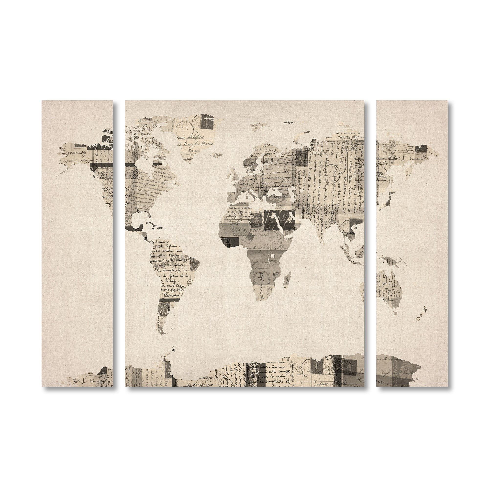 Trademark Fine Art "Postcard World Map" Canvas Art by Michael Tompsett Three Panel Set