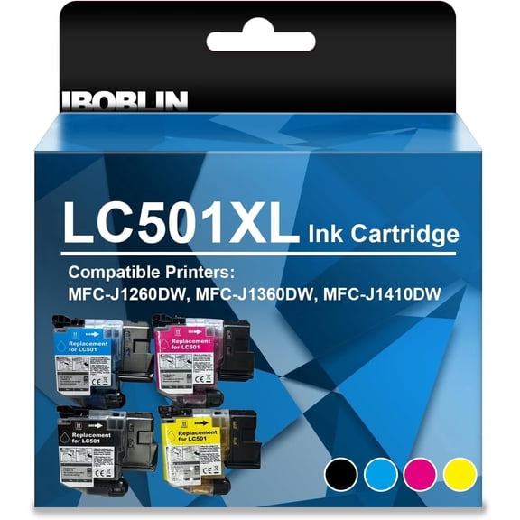 LC501XL Ink Cartridges High Yield Compatible for Brother LC501XL LX 501XL Ink for Brother MFC-J1260DW, MFC-J1360DW, MFC-J1410DW (4Packs,Black, Cyan, Magenta, Yellow,with Chip)