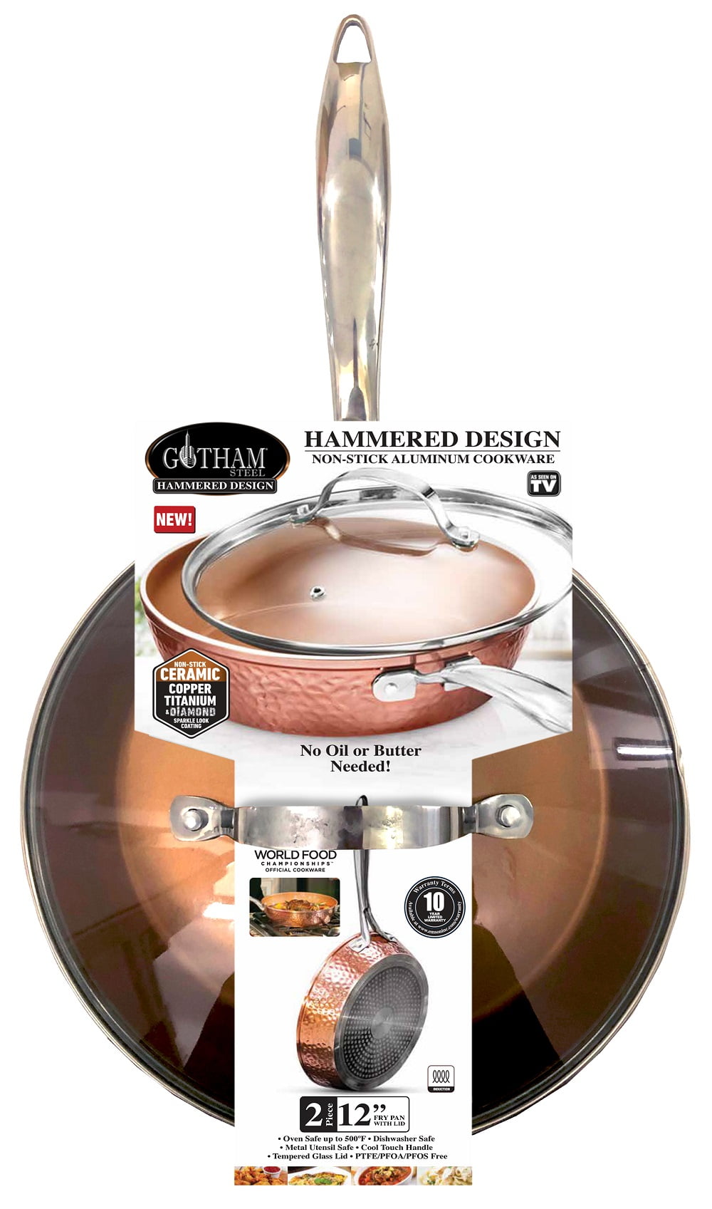 Gotham Steel 12" Hammered Fry Pan with Lid, Nonstick, Oven Safe