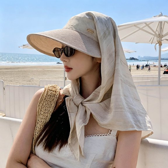 Krdevn Women Straw Sun Hat with Tie Scarf, Wide Brim Windproof Neck Flap Hat for Summer Beach Travel