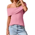 thumbnail image 3 of Short Sleeved Women's Off The Shoulder Sweaters Casual Knit Y2K Going Out Tops Blouses, 3 of 5