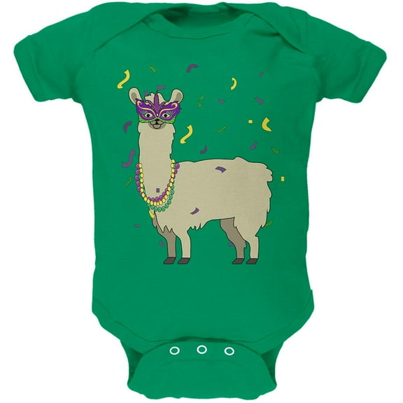 Mardi Gras Llama Beads Mask Soft Baby One Piece Kelly Green 9-12 M