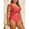 thumbnail image 3 of Top-kevin Red and White Polka Dot Women Plus Size Two Piece Swimsuits High Waisted Bikini Set Ruffle Tummy Control Bathing Suits with Bottom, 3 of 5