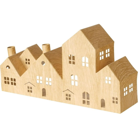 Main Street Attached Row Houses Candle Lanterns, Handcrafted of Metal, Wood Grain Finish, Powder Coated, Open Back, 15 Inches Long