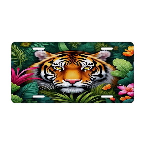 Tropical Tiger Jungle Print Car Decorative Front License Plate,Vanity Tag,Metal Car Plate,Aluminum Novelty License Plate for Men/Women Car,6 X 12 Inch