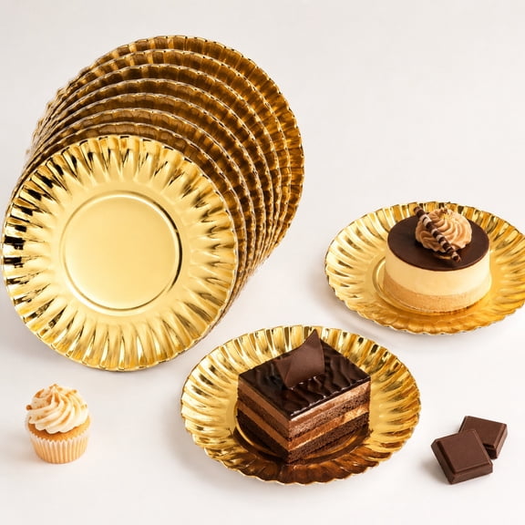 100Pcs Mini Cupcake Plates, Gold Dessert Plates, 3.66inch Scalloped Edge Dessert Dish, Paper Baking Plates for Baking Party Wedding Baby Shower Birthday Party