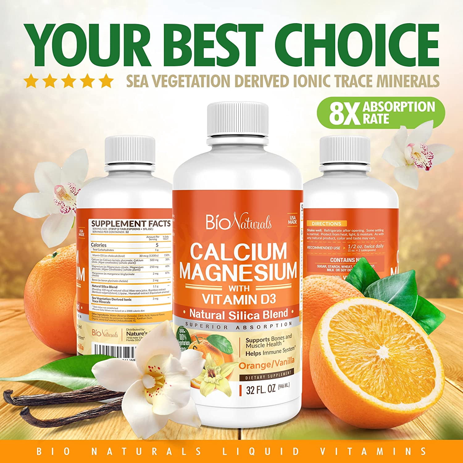 Bio Naturals Calcium & Magnesium Liquid Supplement with Vitamin D3 - Natural Formula, FOUR Types of Calcium Supports Strong Bones with Superior Absorption to Pills - 100% Vegetarian - 3