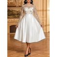 thumbnail image 5 of Women White-2 Elegant Long Sleeve Midi Dress, Gold Floral Embroidered Mesh, 5 of 8