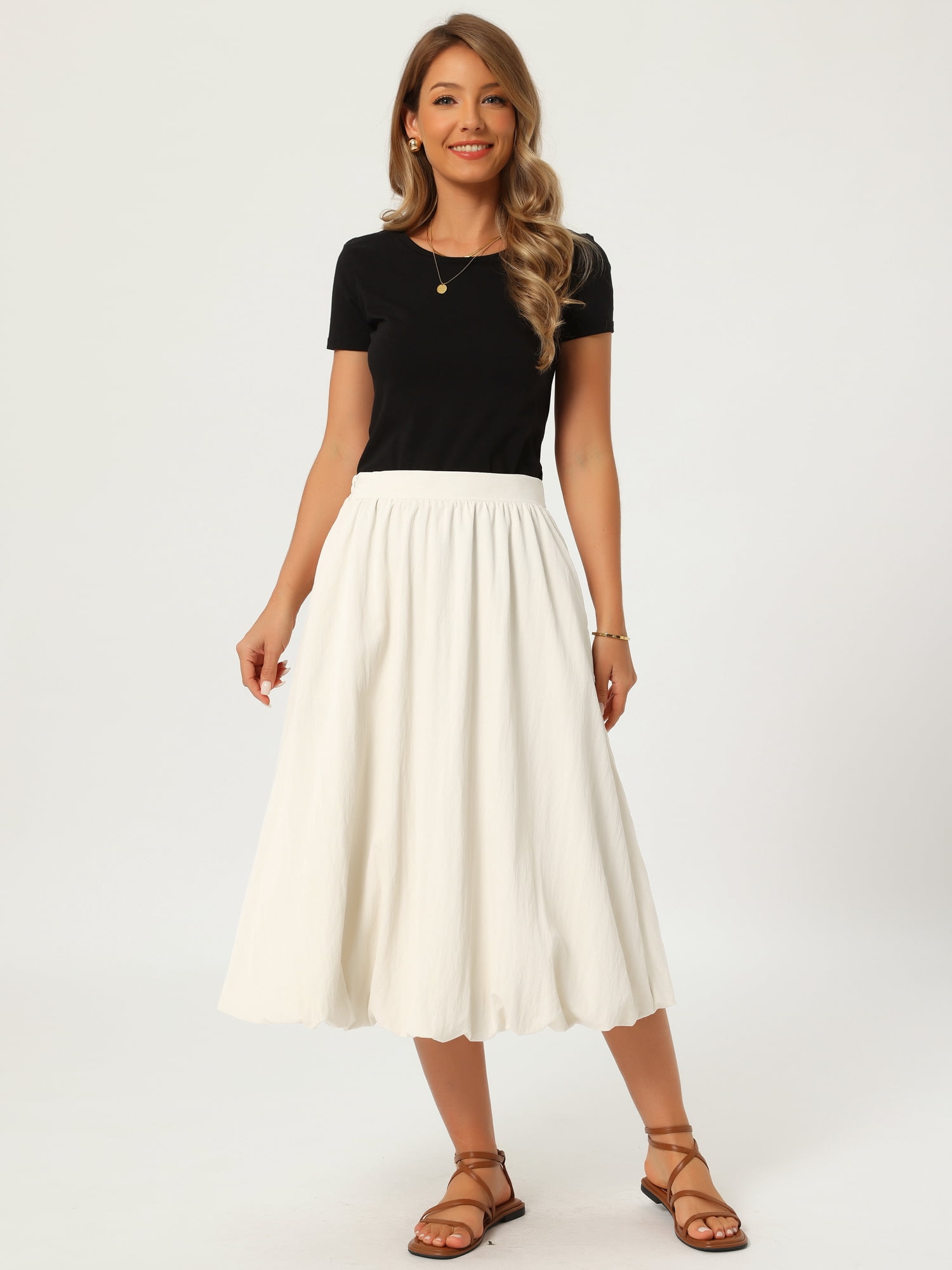 DARING DIVA Women's Bubble Ruffle Flowy A Line Midi Skirts Small Beige