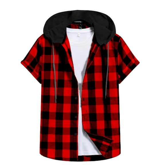 Mens Shirts Under $10 Plaid Drawstring Hoodies for Men Casual Button Down Short Sleeve Shirt Summer Stylish Color Block Loose Shirts Tops Red M