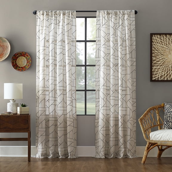 Archaeo Jigsaw Embroidery Linen 63-Inch Rod Pocket Window Curtain Panel in Grey