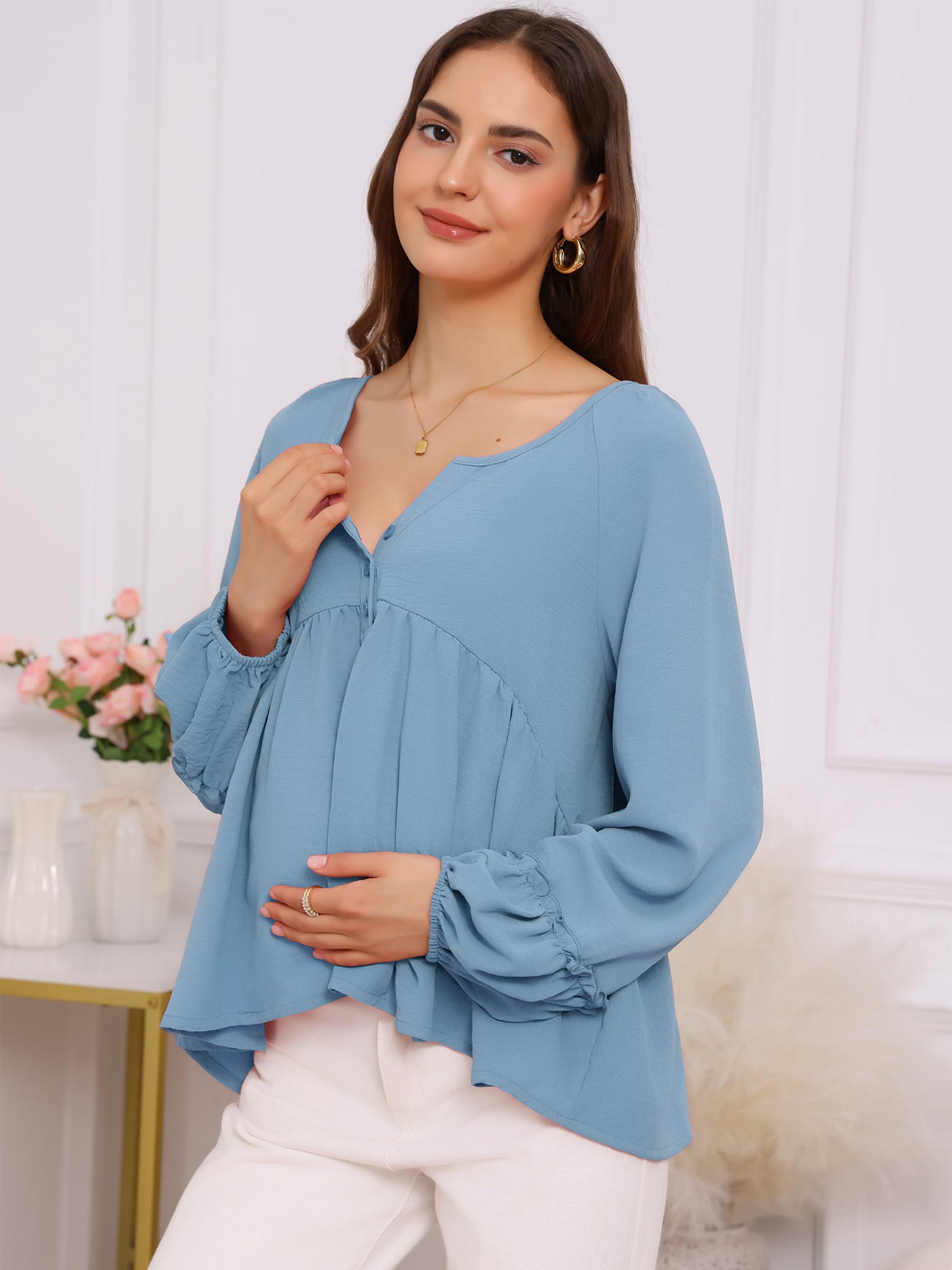 DARING DIVA Women's Maternity Empire Waist Babydoll Lantern Sleeve Blouse M Blue