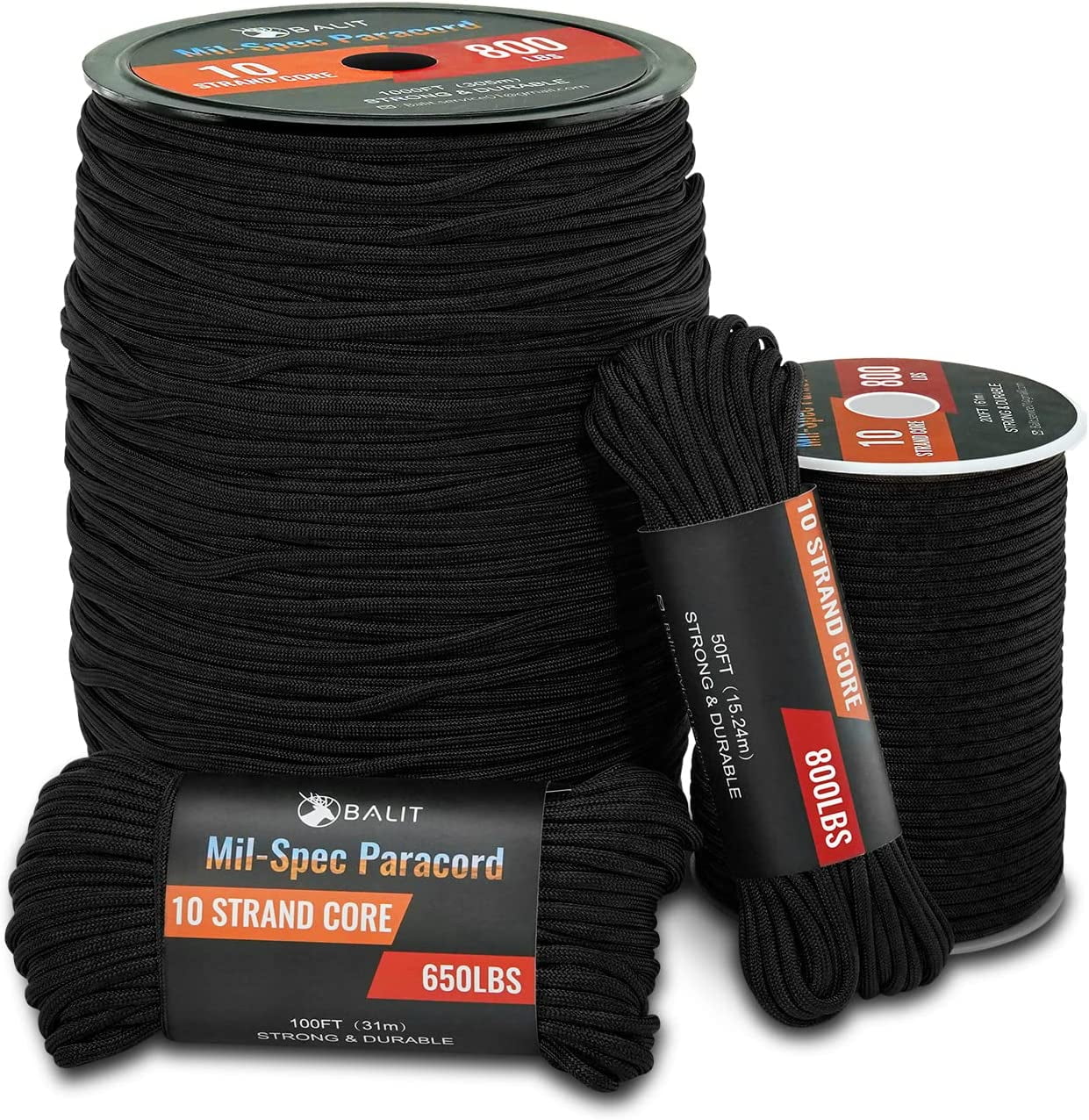 Balit 550 Paracord/Parachute Cord 100 Feet Mil-Spec Paracord 10-Strand Core 650lb Nylon Parachute for Outdoor Emergency Tactical Survival Camping Hiking Bracelet 