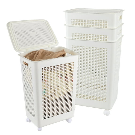 Ewingger 4 Pack 58 L Laundry Basket with Lid and Wheels, Large Plastic Dirty Clothes Hamper, White