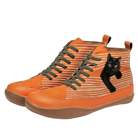 

Lyinloo Women s Comfortable Booties Cat Print Leather Flat Heel Boots Retro Shoes Orange 37