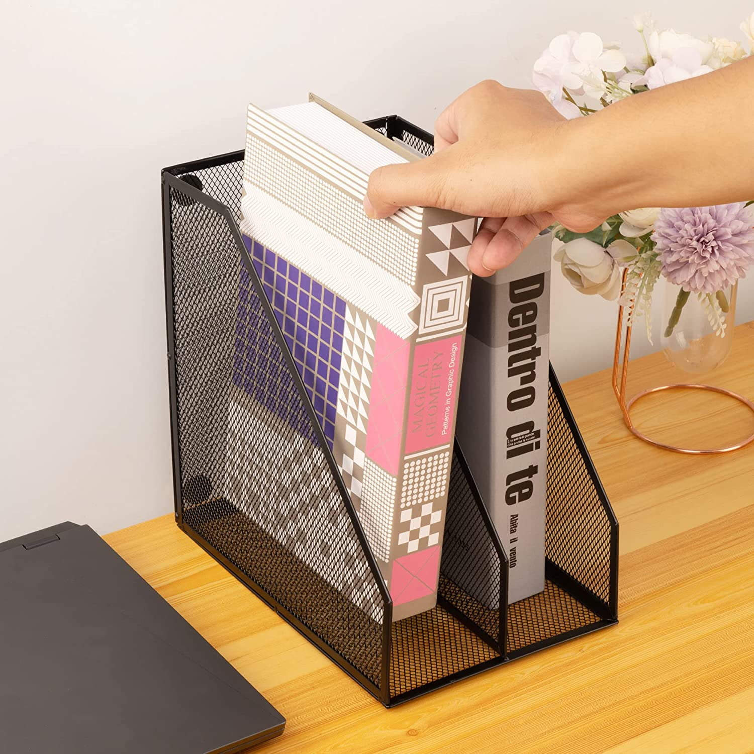2 Set Magazine Holder Metal Wire, Compartments Mesh File for Desk, Office Desk Accessories Decorative Box, Black